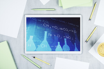 Creative chemistry concept on modern digital tablet screen. Top view. 3D Rendering