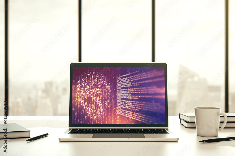 Leinwandbilder creative code skull hologram on modern computer monitor, cybercrime and hacking concept. 3d renderin