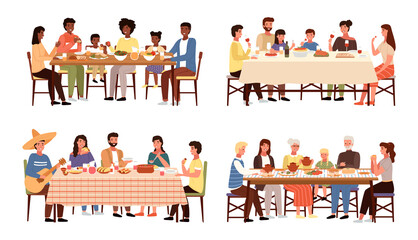 Set of theme of people having family dinner in traditional styles of countries of world. Cartoon characters in national costumes taste dishes vector illustration. Family gathering around dining table