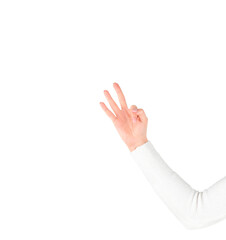 caucasian woman right hand showing three fingers sign isolated on white