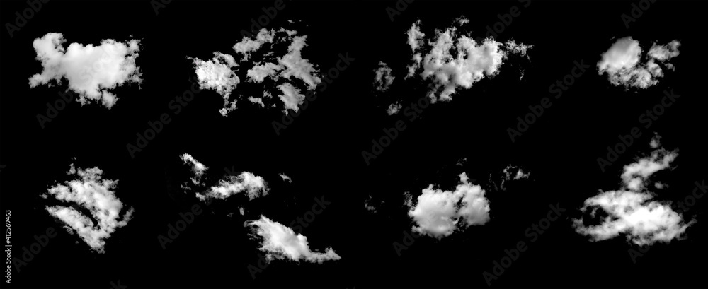Poster white natural clouds isolated on a black background.