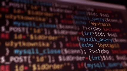 Software development monitor screen background. Developer display with source code. Programming concept