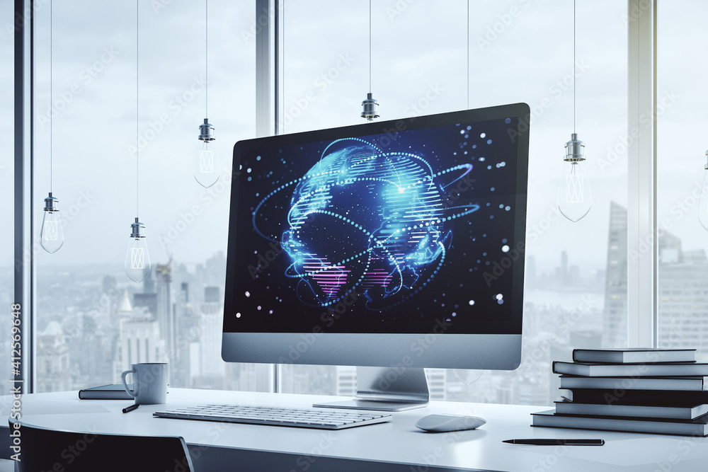 Poster computer monitor with abstract graphic digital world map with connections, globalization concept. 3d