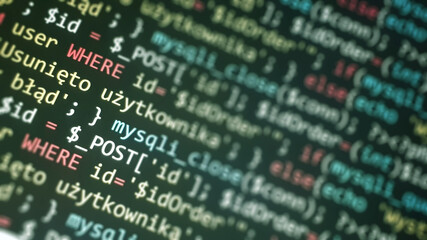 Software development monitor screen background. Developer display with source code. Programming...