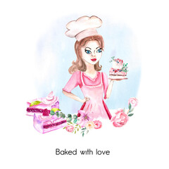 Watercolor illustration. Composition for a pastry chef. Idea for printing postcards, stickers, business cards, etc. Girl with cake, pastry sweets and flora