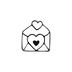 Fototapeta premium Hand-drawn envelope with a heart. Envelope isolated on white background. Template for sticker, label, banner, invitation, postcard, packaging. Valentine's Day symbol. Vector illustration.