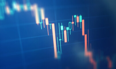 Closeup financial chart in stock market on monitor background. Chart graph as investment concept. Crisis background, red