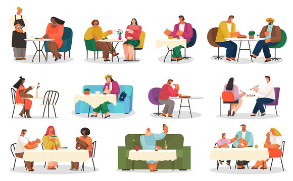 Coffee House Or Cafe, Eating Out, Customers On Chairs And Couches Vector. Couple On Date, Business Lunch, Arab Woman Taking Selfie, Friends Meeting. Waiter Taking Order, Coffee Break Illustration