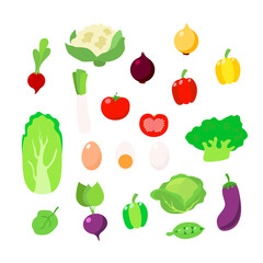 Set of vegetables and egg in cartoon style isolated on white background. Cauliflower, Chinese cabbage, tomato, broccoli, onion, leeks, beets, spinach leaves, radishes, bell peppers.