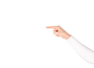 caucasian woman hand pointing index finger to the left isolated on white