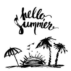 Hand drawn ink print with sunset, palm trees, seaside, beach umbrella, hello summer lettering