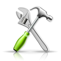 3d vector illustration. Hammer and Adjustable wrench. Isolated Master tools on white background.