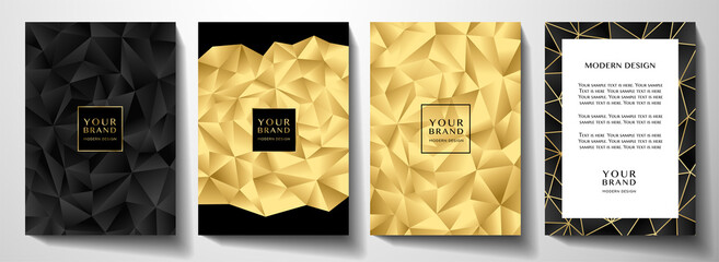 Modern premium black and gold cover design set. Luxury polygon pattern (triangle texture) background useful for notebook cover, business poster, luxury brochure template - obrazy, fototapety, plakaty