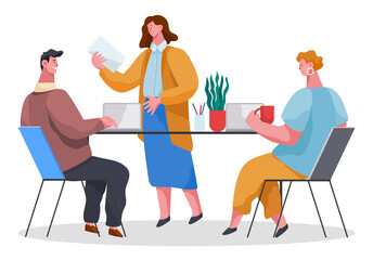 Office workers characters discussing matters. Business meeting and consideration of working issues. Consultation in the office of the chief. Business people with laptops confer isolated on white