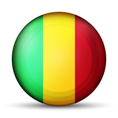 Fototapeta premium Glass light ball with flag of Mali. Round sphere, template icon. National symbol. Glossy realistic ball, 3D abstract vector illustration highlighted on a white background. Big bubble.