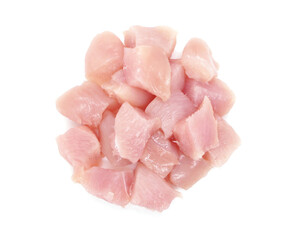 Pieces of chicken fillets isolated on white background. Small pieces of raw meat. Top view.