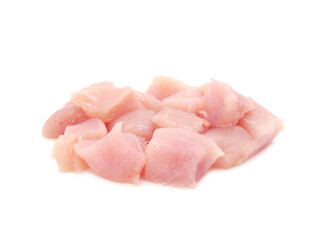 Pieces of raw chicken fillet isolated on white background. Fresh meat. Side view.