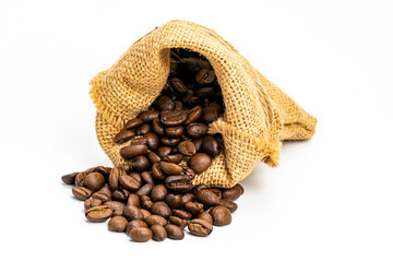 Coffee beans in a sack on white background.