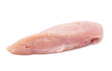 Raw chicken fillets isolated on white background. One piece of fresh chicken meat without skin.