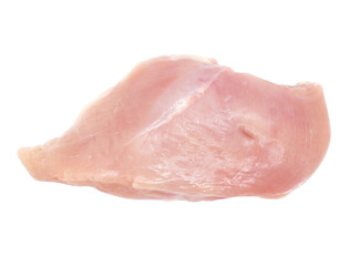 Raw chicken fillets isolated on white background. Two pieces of fresh chicken meat without skin. Top view.