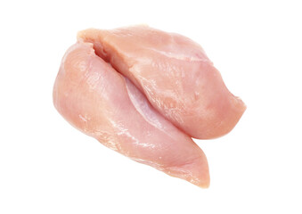 Raw chicken fillets isolated on white background. Two pieces of fresh chicken meat without skin....