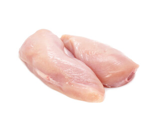 Raw chicken fillets isolated on white background. Two pieces of fresh chicken meat without skin....