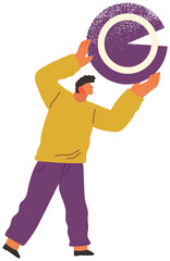 Young man holding and organizing abstract circular geometric shape overhead flat vector illustration. Person standing with round object in hands isolated on white background. Business building concept