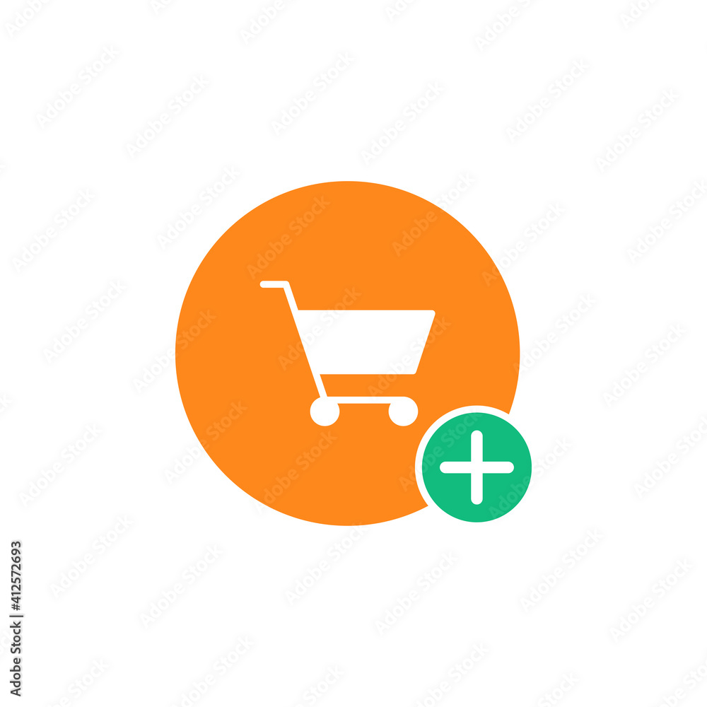 Poster shopping cart icon. white shopping trolley in orange circle shape with plus cross sign isolated on w