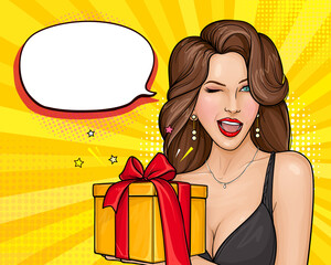Vector illustration of young sexy woman with open mouth winking and holding bright gift box on yellow background. Advertising poster for the announcement of discounts and sales in the style of pop art