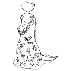 drawing crocodile in a shorts underpants children's illustration crocodile heart fly agaric mushrooms coloring book print