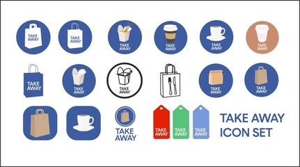 Vector Isolated Take Away Icon Set or Collection. Different Color Take Away Food Icon Set