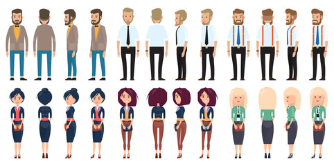 Stylish businesspeople wearing office suits, accessories. Elegance jacket and dress. Office worker dresscode. Businesswomen and businessmen with style office cloth. Dresscode of business person
