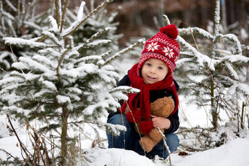 Cute toddler child in the park, standing between christmas trees