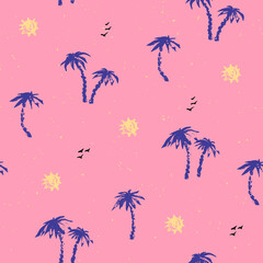 Fototapeta na wymiar Tropical summer seamless pattern in bright colors with palm trees and sun