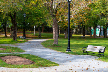 Obraz premium A long gravel footpath in a park with a bench and lots of tall trees. At the end of the trail is a red brick building. The sky is blue and the grass is very green. There are leaves on the tall tree