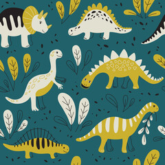 Fototapeta premium Seamless pattern with different dinosaurs on a dark background. Vector Background for fabric, textile, posters, gift wrapping paper, napkins, tablecloths.