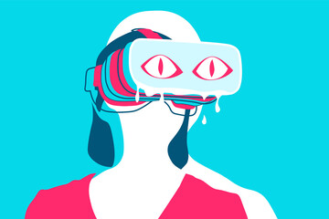 VR Virtual Reality abstract surreal vector artwork. Surreal abstract woman wearing VR glasses. Fantasy world, Virtual Reality experience. Flat VR concept illustration.