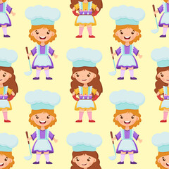 Seamless pattern girl Chef with Ladle, saucepan and cute little girl chef holds a cupcakes on the tray.