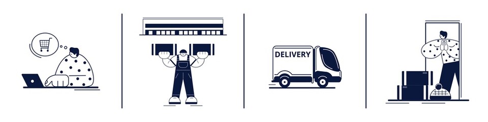 Online delivery service concept from order to contactless receiving of parcels. Flat vector illustration of delivery chain.