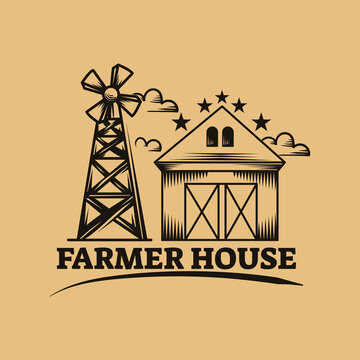 Farmer House illustration with vintage style. Emblem design for community