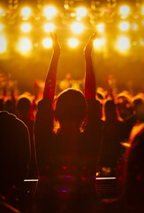 Crowded dance floor in night club.Group of people partying on electronic music festival.Happy...