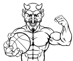 A devil Satan basketball sports mascot cartoon character man holding a ball