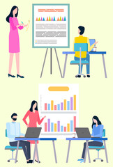 Manager female standing near board with graph report, man and woman working with laptop. Worker communication with computer, teamwork in office vector