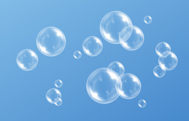 Vector soap bubble. Realistic soap bubble png, glare. Foam bubbles png. Powder, soap, detergent. Vector image.