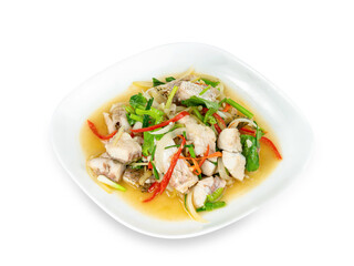 fried stir celery with seabass fish isolated on white background ,include clipping path