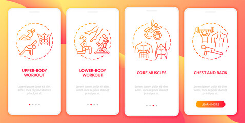 Fototapeta na wymiar Workout kinds onboarding mobile app page screen with concepts. Full-body workout, core muscles walkthrough 4 steps graphic instructions. UI vector template with RGB color illustrations