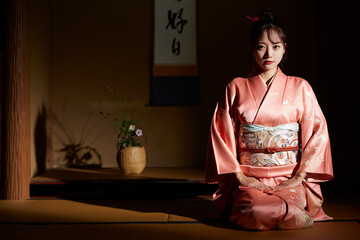 美しい着物姿の若い女性の和室でのポートレート