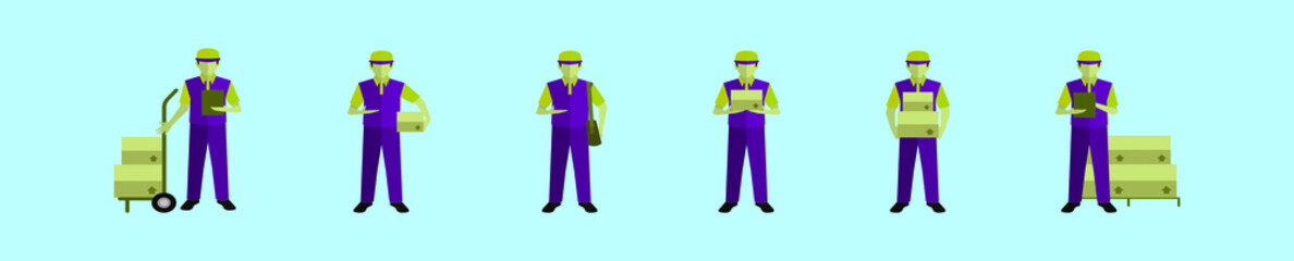set of delivery man cartoon icon design template with various models. vector illustration isolated on blue background