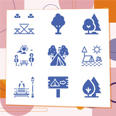 Simple set of 9 icons related to camping