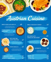 Naklejka premium Austrian cuisine restaurant dishes menu page template. Baked goose with apples, potato dumplings and knedles, beer soup and wheat croutons, vanilla cookies and nut cakes, almond pie, beef stew vector